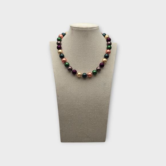 Red Gold Champagne Multi Color Pearl Beaded Statement Necklace Y2K Holiday Glam - Picture 6 of 8